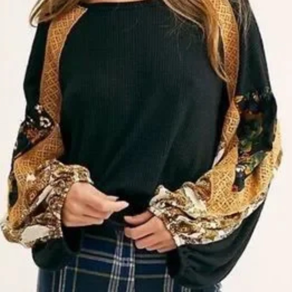 Free People Casual Clash Thermal Top -Bohemian Black and Gold Textured Top